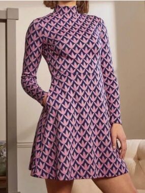 NEW Boden High neck Jacquard Dress Size 6 Pink Long Sleeve Fit & Flare NWT